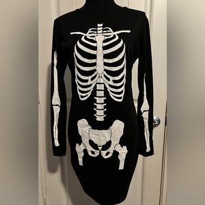 Women's Halloween Costume Skeleton Dress Long Sleeves Stretchy Short Mini Dress